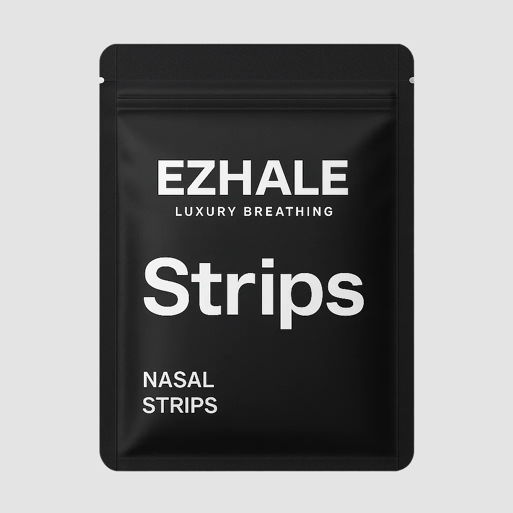 Black package of EZHALE nasal strips on a light gray background
EzHale Luxury breathing charcoal nasal strips packs Final Packaging