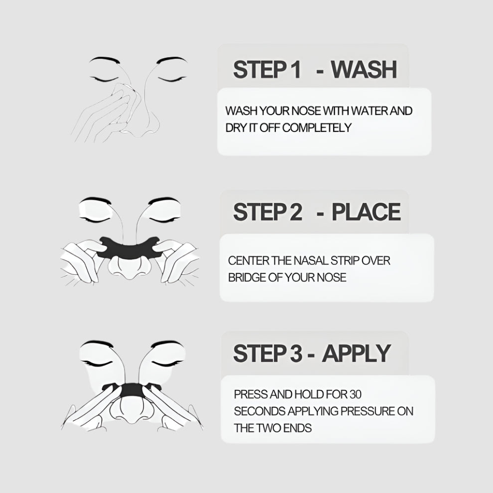 Step-by-step guide for using EZHALE nasal strip with illustrations and text instructions.